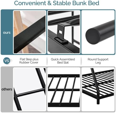 VINGLI 71 Inches Tall Loft Bed Twin Size with Flat Ladder Rung for Kids Teens Adults Heavy Duty Metal Single Bunk Bed Loft with Safety Guard Rails for Small Space, Black