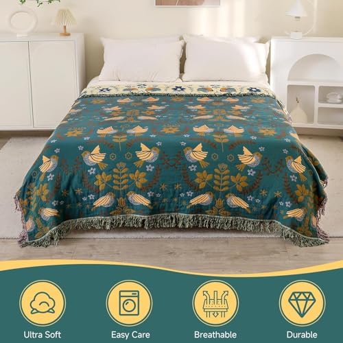Bird Pattern Boho Throw Blanket for Bed Decor 50"×60" Teal/Cream