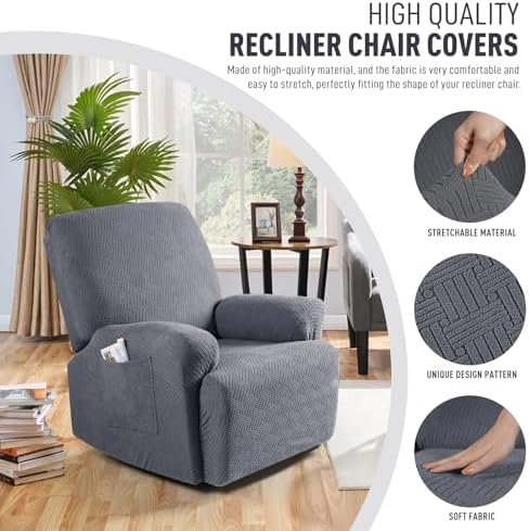 KinCam Recliner Covers, Stretch Reclining Chair Covers, Recliner Sofa Slipcovers Stripe Jacquard Recliner Couch Covers Furniture Protector Covers (1 XL Seater, Dark Gray)