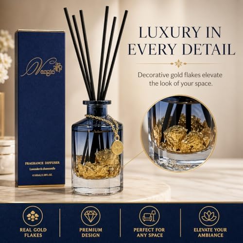 VANGIE Luxury Reed Diffuser for Home | Lavender & Chamomile Calming Scent | Floating Gold Leaf Glass Bottle | Long-Lasting Aroma | Vegan | Bedroom, Bathroom & Relaxing Spaces