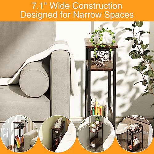 THUMEYE 7.1" Narrow Side Table for Small Spaces, 3 Tier Small End Table with Magazine Holder, Slim/Skinny Nightstand/Bedside Table for Living Room, Bedroom, 15.4" L x 24.2" H