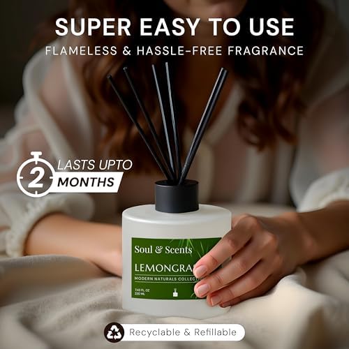 Soul & Scents Reed Diffuser Set – Lemongrass | 7.43 oz Refillable Scented Oil with 6 Fiber Sticks | Long-Lasting Home Fragrance & Air Freshener for Bedroom, Bathroom, Office | Gift & Décor Piece