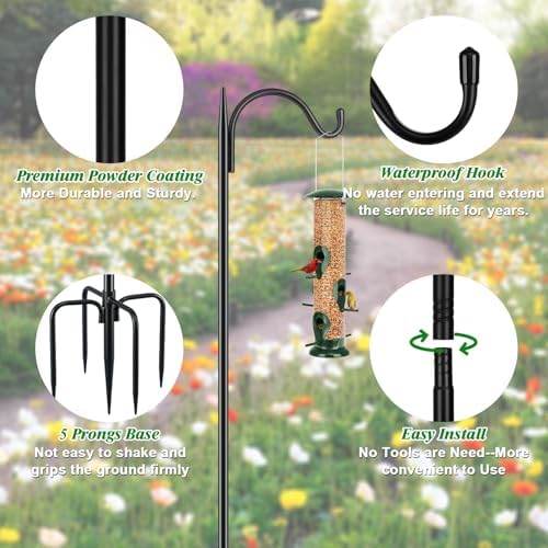 FEED GARDEN 63'' Bird Feeder Pole, 5-Prong Base Shepherds Hook for Outdoor