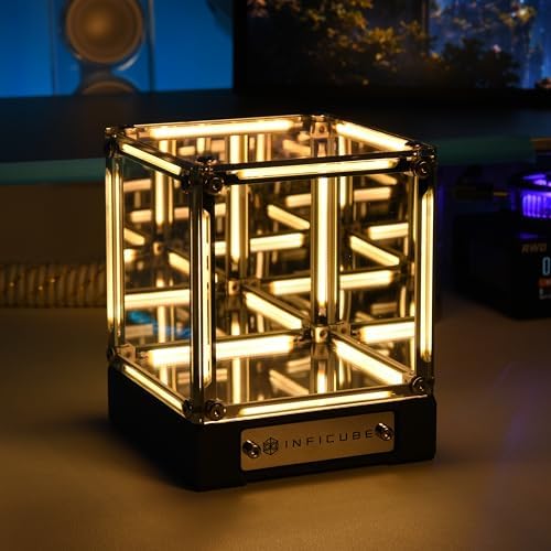 Infinity Mirror Cube Lamp with Display Case, Warm White 2700K | Tesseract Abyss Light, USB-C Rechargeable, Touch Dimmable LED Desk Decor for Gaming Room, Bedroom & Shelf