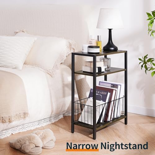 Narrow Side Table with Storage Basket Small End Table for Small Space,Brown