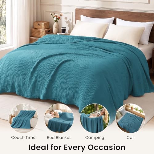Love's cabin 100% Cotton Muslin Blanket Queen Size for Bed, Teal