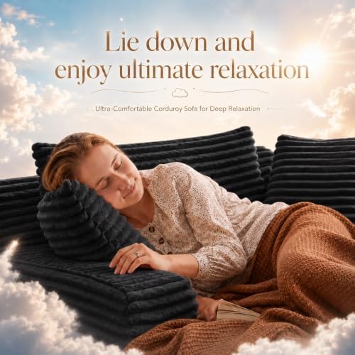 66" Chaise Lounge Chair Indoor, Corduroy Upholstered Reading Chair Oversized Boneless Chair with Deep Seat, Cloud Lounge Chair with 3 Pillows for Living Room, Bedroom, No Assembly Required