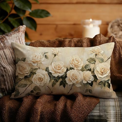 French Country Rose Floral Pillow Cover 12x20 Double-Sided, Vintage Cream Flower Decorative Lumbar Throw Pillow Cover for Home Bedroom Living Room