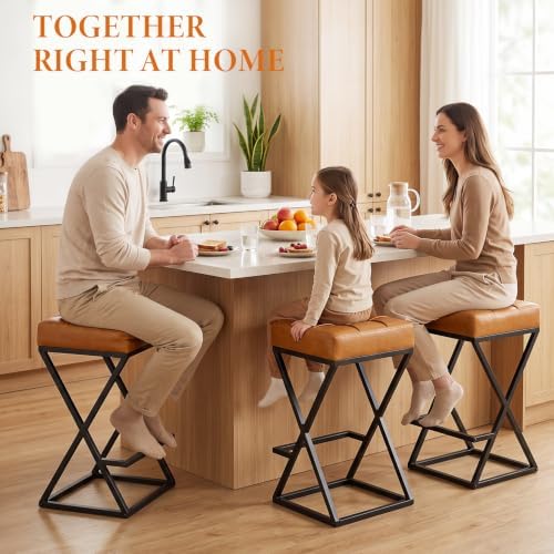 Bar Stools Set of 4, 26 Inch Counter Height Stool Faux Leather Brown