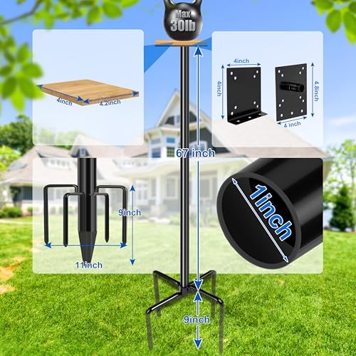 Ottsuls Bird Feeder Pole, 76 Inch Heavy Duty Bird House Pole Kit for Outdoors, with Wooden Board, 5-Prong Base Feeding Station for Wild Birds Watching, Adjustable Feeder Stand (House Not Included)