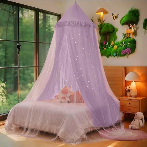 Princess Bed Canopy for Girls, Double Layer Canopy Fits Twin/Full Bed - Fairy Bed Tent for Kids Room Decor(with Cutout Stars,Purple)