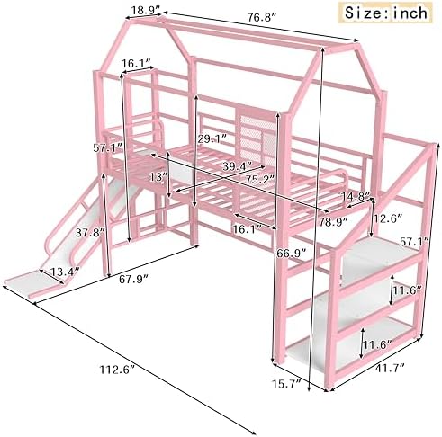 Bellemave Twin Size Metal House Loft Bed with Slide and Stairs,Heavy Duty Playhouse Loft Bed Frame with Storage Shelves for Kids,Teens,Adults,Pink