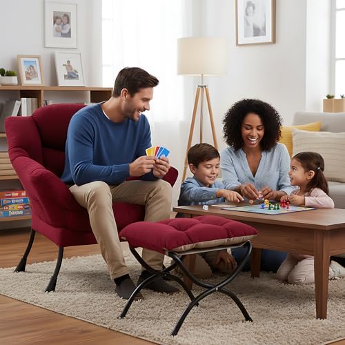 Welnow Lazy Chair with Ottoman, Reading Chair with Footrest,Burgundy