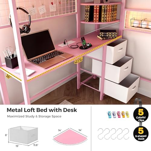 Loft Bed with Desk and Stairs, Headboard, Outlet (Pink, Twin)