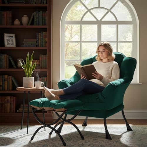 Welnow Lazy Chair with Ottoman, Reading Chair with Footrest,Dark Green