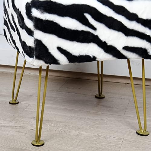 Zebra-Print Square Faux Fur Ottoman 17"x17"x17" Soft Fuzzy Entryway Bench Seat Sturdy Accent Coffee Table for Living Room Makeup Vanity Stool with Golden Legs for Bedroom Closet Foot Rest