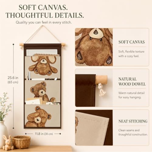 IAXIC Teddy Bear Wall Organizer, Canvas Pockets for Nursery Room