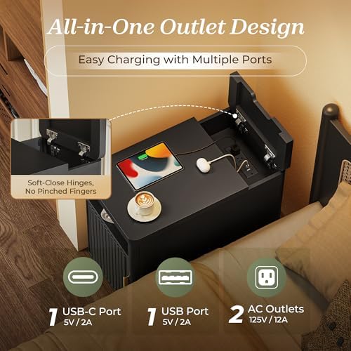 Huuger Narrow Nightstand with Charging Station, USB-C Port