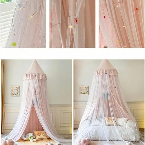 Pink Girls Bed Canopy,Star‑Light Double‑Layer Mosquito Net,Reading Nook