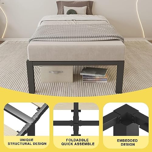 14 Inch Twin Size Bed Frame with Wood Slats & 4 Mattress Baffles