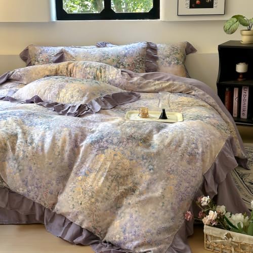 Double Gauze Duvet Cover Set Twin Puprle Ruffle with Flower