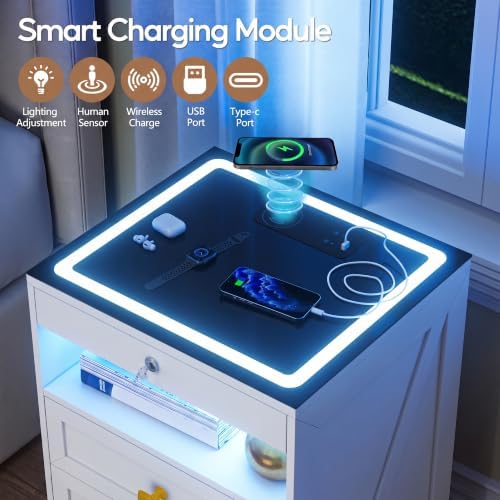 Smart LED Nightstand with Lockable Gun Drawer & Glass Top（White）
