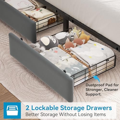 Jocoevol Twin Upholstered LED Bed Frame with 2 Storage Drawers and 2-Tier Storage Bookcase Headboard, Velvet Platform Bed for Kids/Girls/Boys, Heavy Duty Metal Support, No Box Spring Needed, Grey