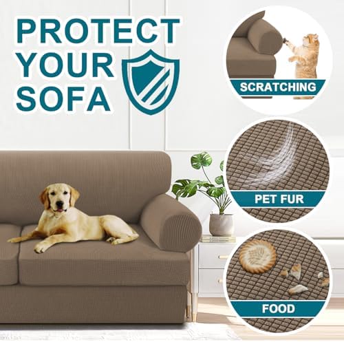 Turquoize 3 Piece T Cushion Sofa Slipcovers Stretch Couch Cover Furniture Covers with 2 Individual T Cushion Covers, Machine Washable (2 Cushion Sofa, Macchiato)