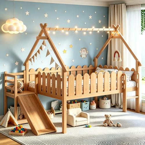 Bellemave Low Loft Bed Full with Slide and Lights Strip for Kids, Natural