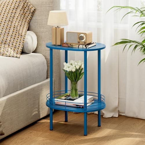Small Oval Side Table with Storage, 2-Tier Blue End Table for Small Space