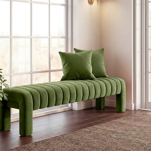 63" Bedroom Bench, Upholstered Entryway Bench, Modern End of Bed Ottoman with Solid Wood Legs and Adjustable Foot Pegs for Entryway, Dining Room and Living Room (Green Velvet)
