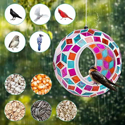 Yinns Glass Bird Feeder Outside, Hanging Mosaic Birdfeeder for Garden Decor