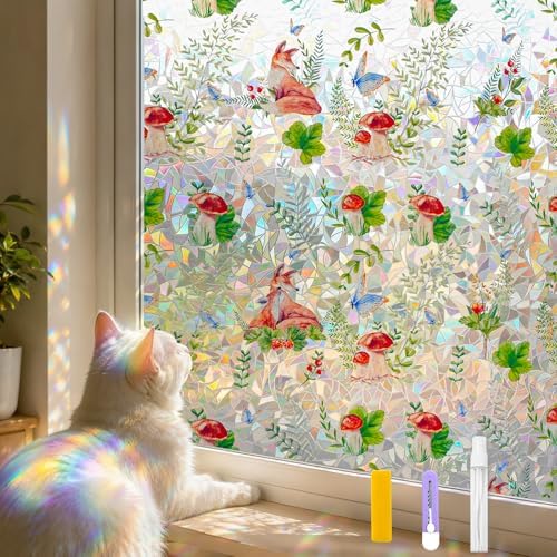 Countewol Privacy Window Films Stain Glass Cling No Glue Anti-UV Window Sticker for Bathroom Bedroom Living Room(Forest Rainbow 70.86" L*30.7" W)
