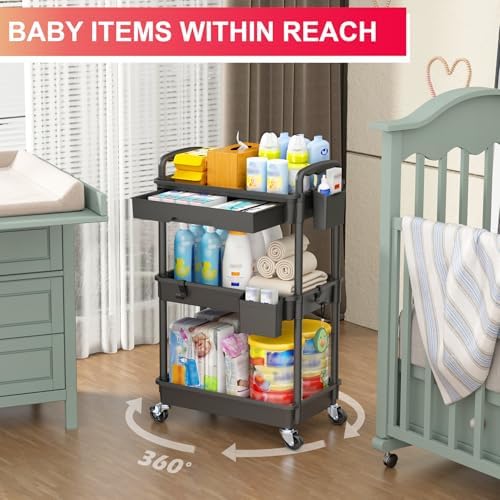 Goovilla 3 Tier Rolling Utility Cart Organizer with Removable Drawer, Black