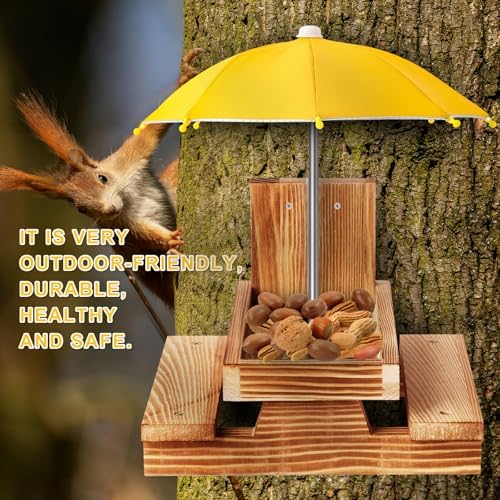 Gnodary Squirrel Feeder with Umbrella, Squirrel Feeders for Outside, Squirrel Picnic Table Feeder - Chipmunk Feeder Hold Corn, Corn Cob, Peanuts Style2 (Yellow)