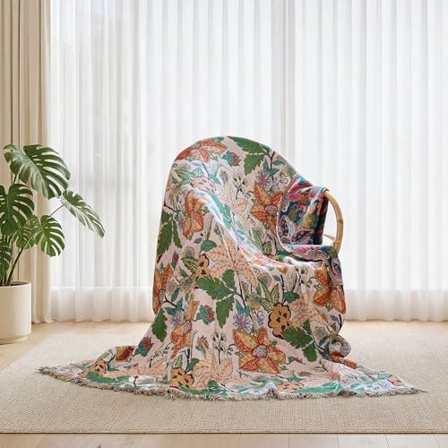 Boho Throw Blanket Twin Size - 100% Cotton, Floral Blankets for Bed