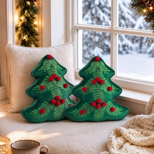 AELS Christmas Tree Pillow with Red Pom-pom, Embroidered Decorative Holiday Pillow, Set of 2, Holiday Throw Pillows for Decor, Plush Tree Shaped Pillows for Living Room Bedroom Sofa, Green