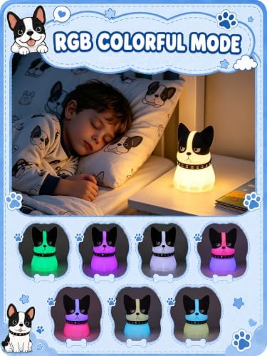 Ammonite Cute French Bulldog Night Light, Dog Gifts for Kids, Dimmable Silicone Nursery Nightlight, Rechargeable LED Lamp with RGB Color & Tap Control, Bedroom Decor for Baby Girls Women