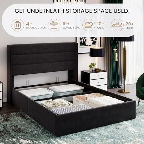 SHA CERLIN Full Size Lift Up Hydraulic Storage Bed Frame Black