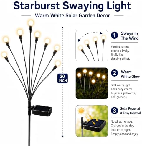 TONULAX Solar Garden Lights - 8 Pack 64 LED Upgraded Solar Swaying Light, Sway by Wind, Outdoor Lights, Yard Patio Pathway Decoration, High Flexibility Iron Wire & Heavy Bulb Base, Warm White