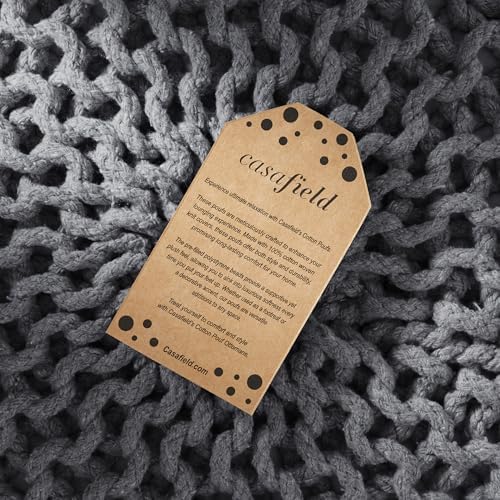 Casafield Round Pouf Ottoman, Dark Gray - 20" Diameter x 14.5" High Cotton Knit Foot Stool - Boho Floor Pouffe for Living Room, Bedroom, Home Office