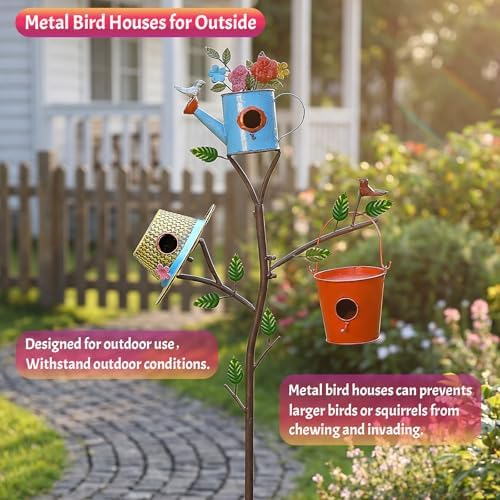 3-in-1 Metal Bird Houses for Outside with Pole, Colorful Birdhouse on Stake