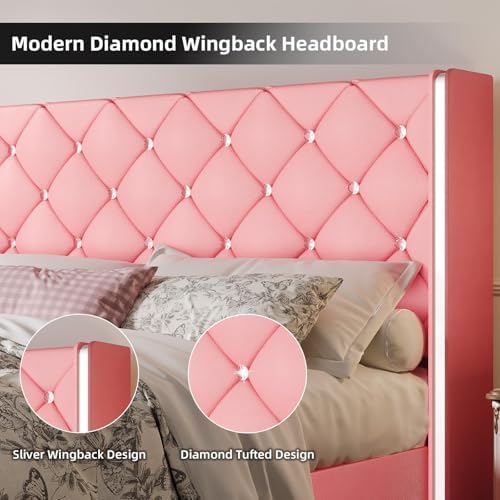 HOMBCK King Bed Frame with Leather Headboard, Silverside Wingback, Pink