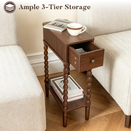Fultyle Small Narrow Side Table, Skinny Nightstand with Drawer and Shelf