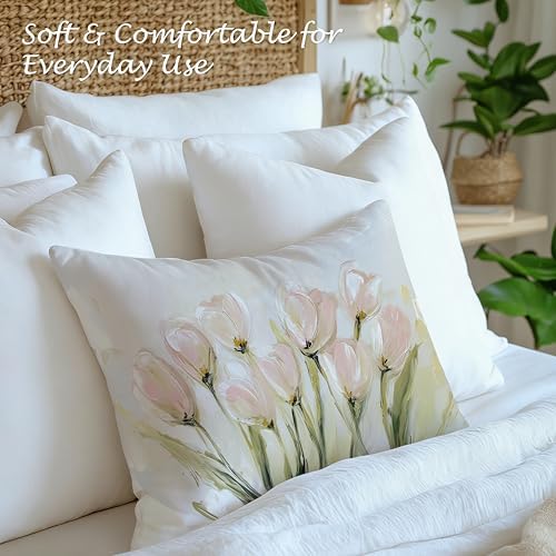 Vintage Pastel Tulip Floral Lumbar Pillow Cover 12x20 Double-Sided, Farmhouse Spring Decor, Abstract Floral Botanical Decorative Throw Pillow Cover for Living Room Home Bedroom