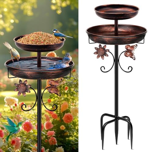 Daoeny Bird Bath for Outside, 42In Vintage Freestanding Birdbaths for Outdoors, Double Metal Bird Bath Feeder Bowls for Garden Patio Yard Lawn Decor, Upgraded 5-Pronged Base (Antique Bronze)