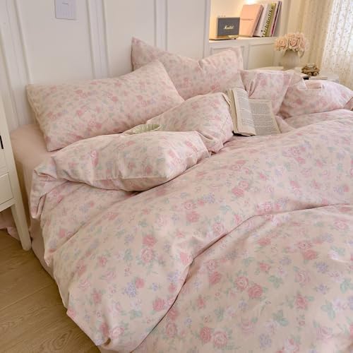 HighBuy Cotton Muslin Duvet Cover Twin XL Size for Teen Girls,Cottagecore Pink Floral Print Bedding Set 3 Pieces,Soft Breathable Princess Gauze Cotton Comforter Cover for Girls Kids Toddlers