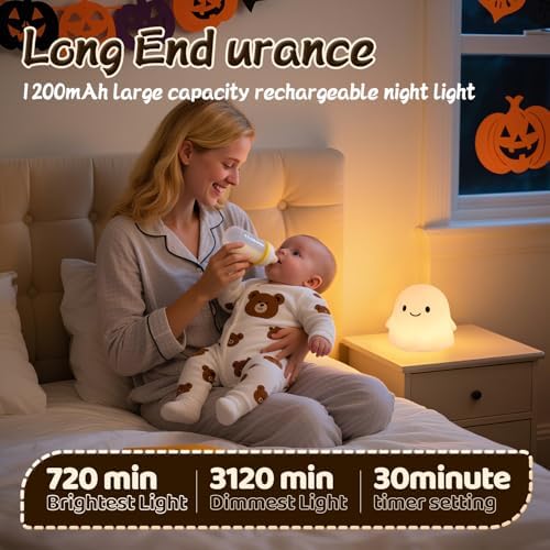 Color Changing Ghost Night Light for Kids, Cute Squishy Silicone Ghost Lamp, 50-Hour Rechargeable Bedside Lamp with Tap Control, Room Decor, Halloween Gifts