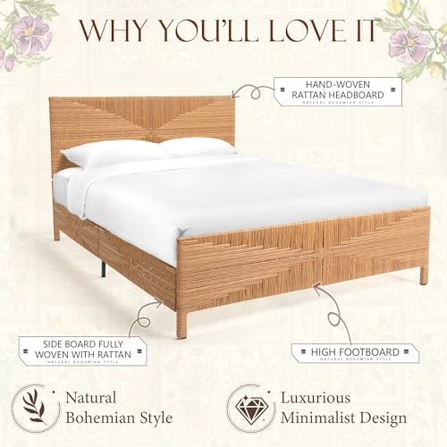 Brafab Boho Queen Rattan Bed Frame with Headboard and Footboard