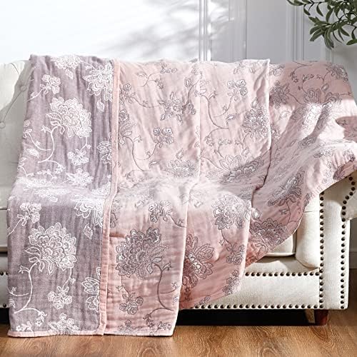 jinchan 100% Cotton Muslin Blanket Twin Boho Throw Blanket 60x80 Pink Multi